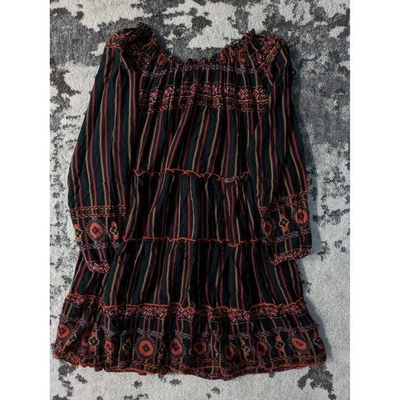 Peasant Tiered Off The Shoulder‎ Tunic Dress Black Orange - Picture 5 of 8